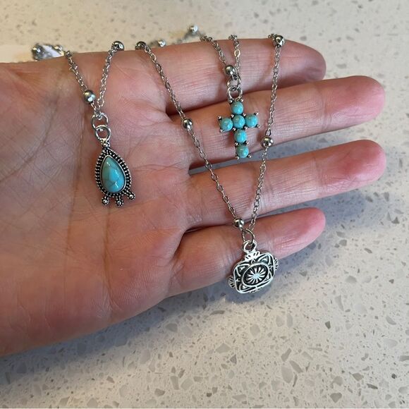 3pcs fake Turquoise cross Western Cowgirl Vintage style Chain Necklace Set - Picture 3 of 12